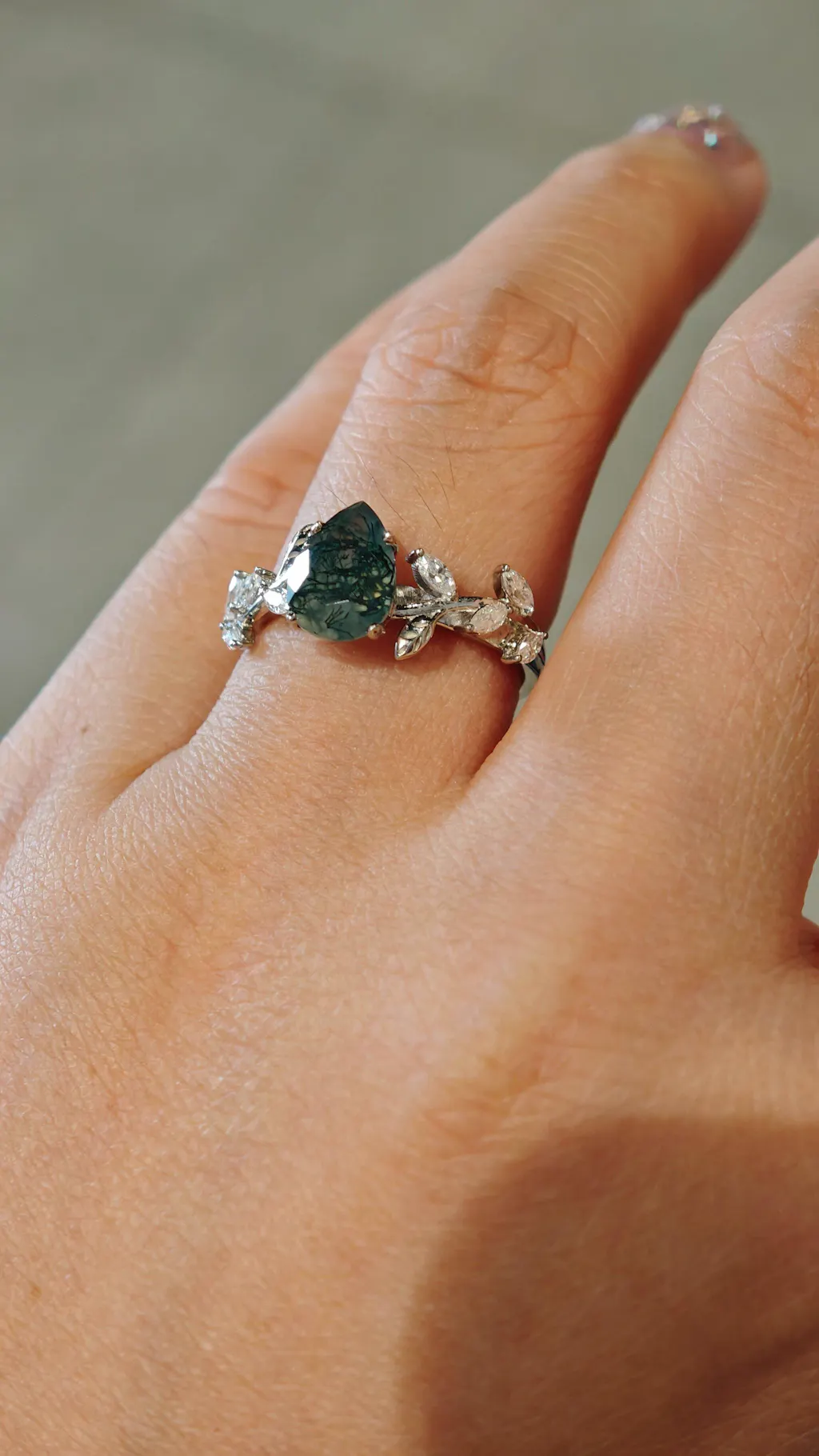 Celandine’s Tendril | Pear Cut Moss Agate Vine Engagement Ring