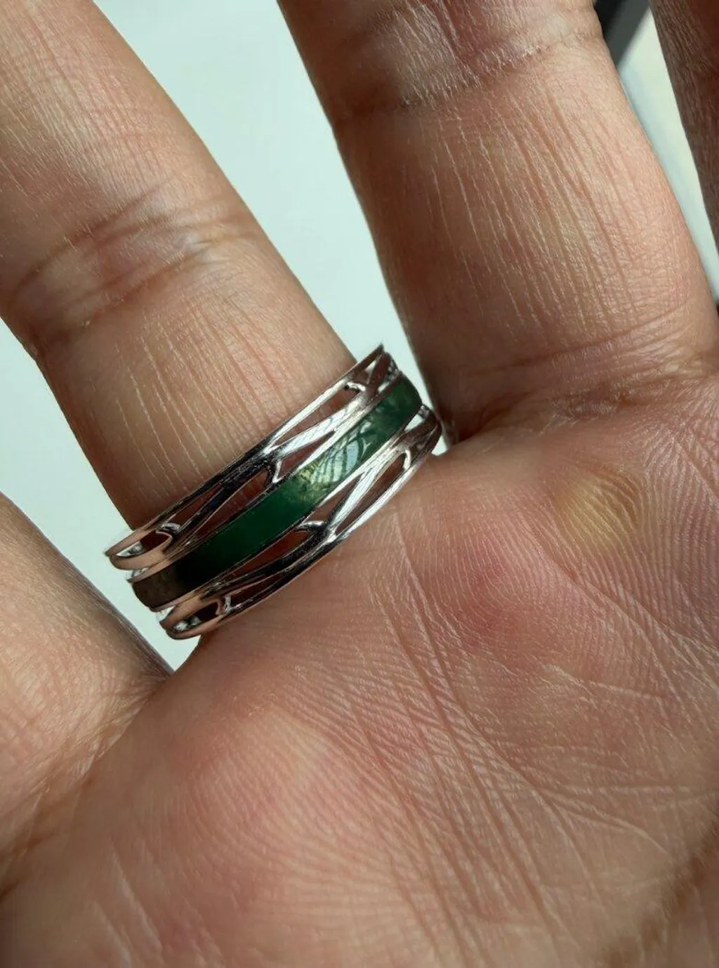 Odin’s Dominion | 8mm Moss Agate Men’s Ring with Openwork Branch Sides