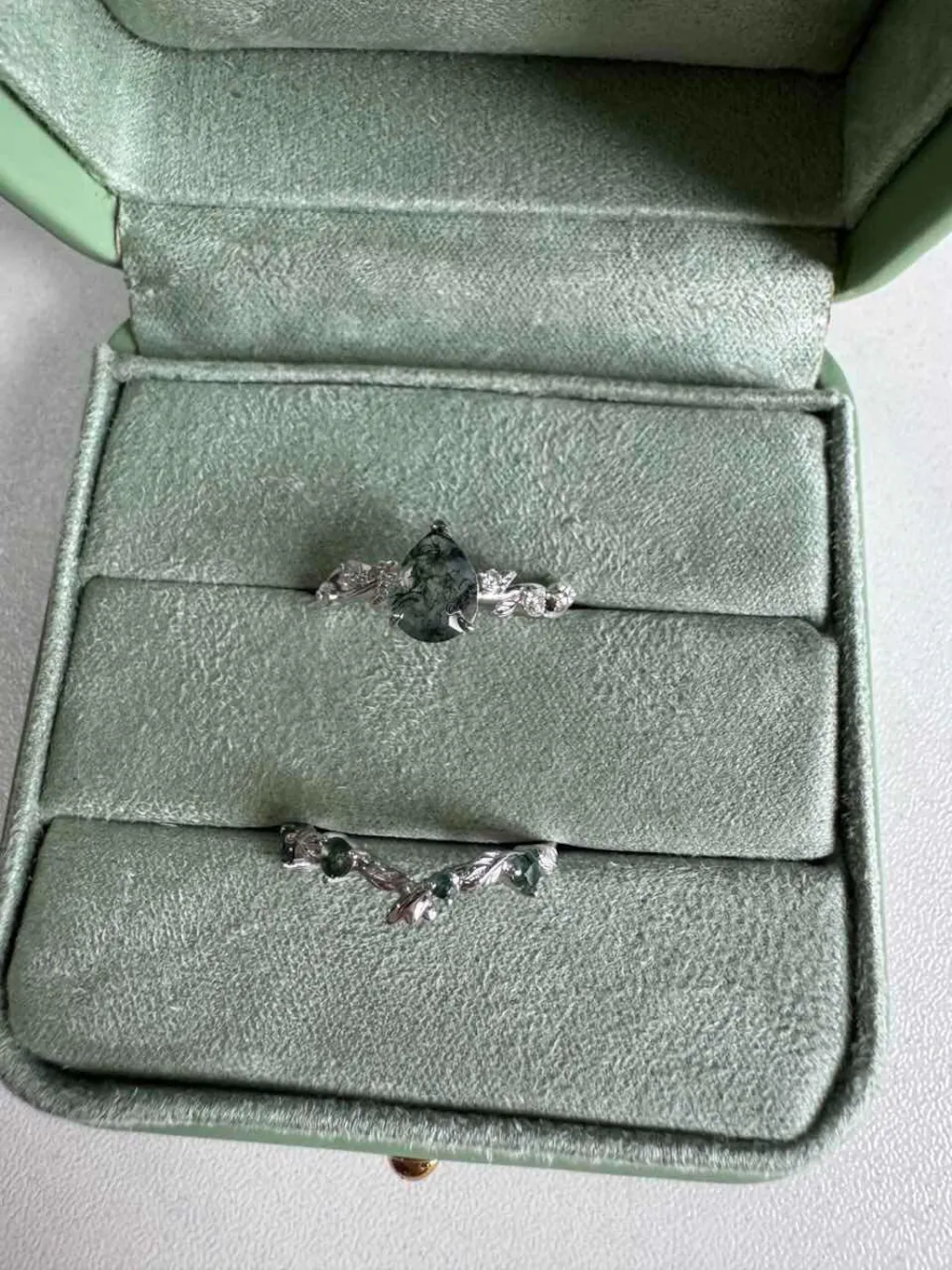 Clarissa’s Frond | Pear Cut Moss Agate Leafy Bridal Set 2pcs