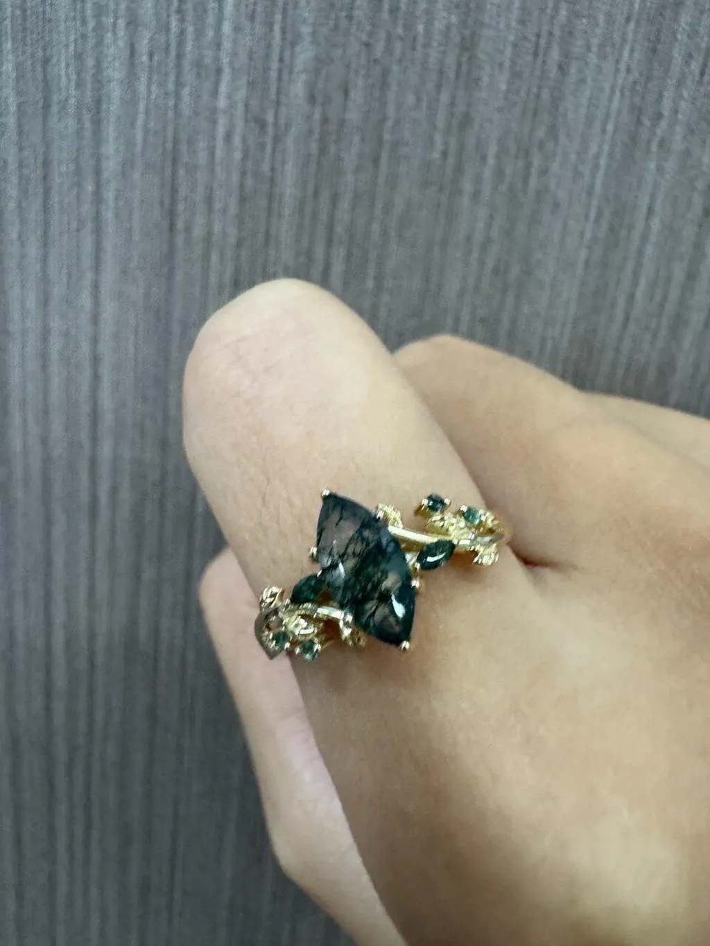 Celandine’s Twine | Marquise Moss Agate Leafy Twist Engagement Ring