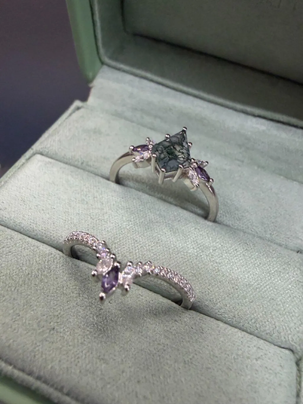 Butterfly Fairy - Unique Kite Cut Moss Agate & Amethyst Engagement Ring Set 2pcs