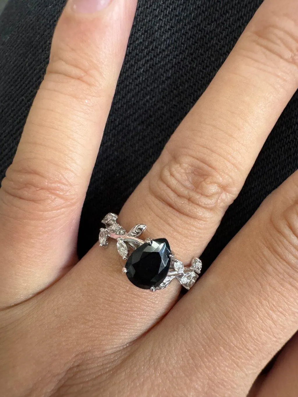Celandine’s Tendril | Pear Cut Moss Agate Vine Engagement Ring