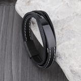 Men's Stainless Steel Black Leather Bracelet with Engraving Plate - SSLB005