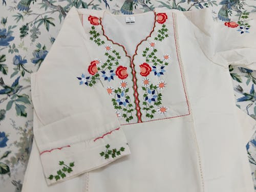 Off White Embroidered Cotton Kurta and Pant Set