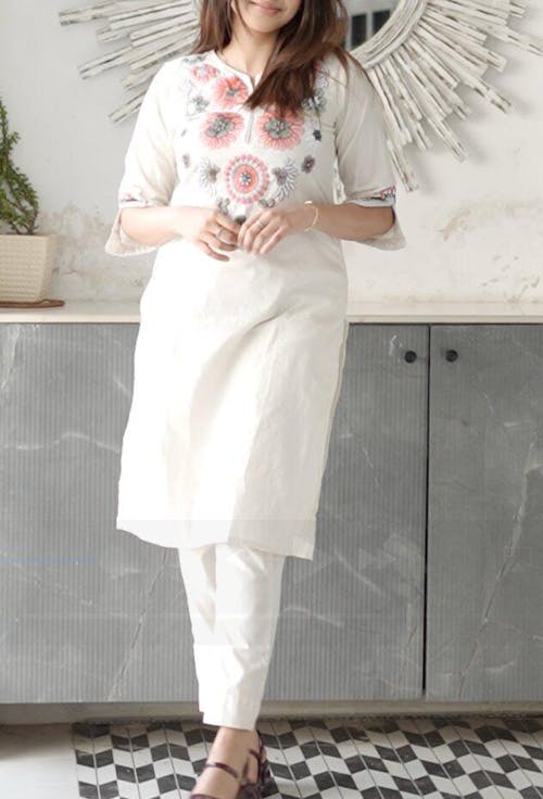 Off White Embroidered Cotton Flex Kurta and Pant Set