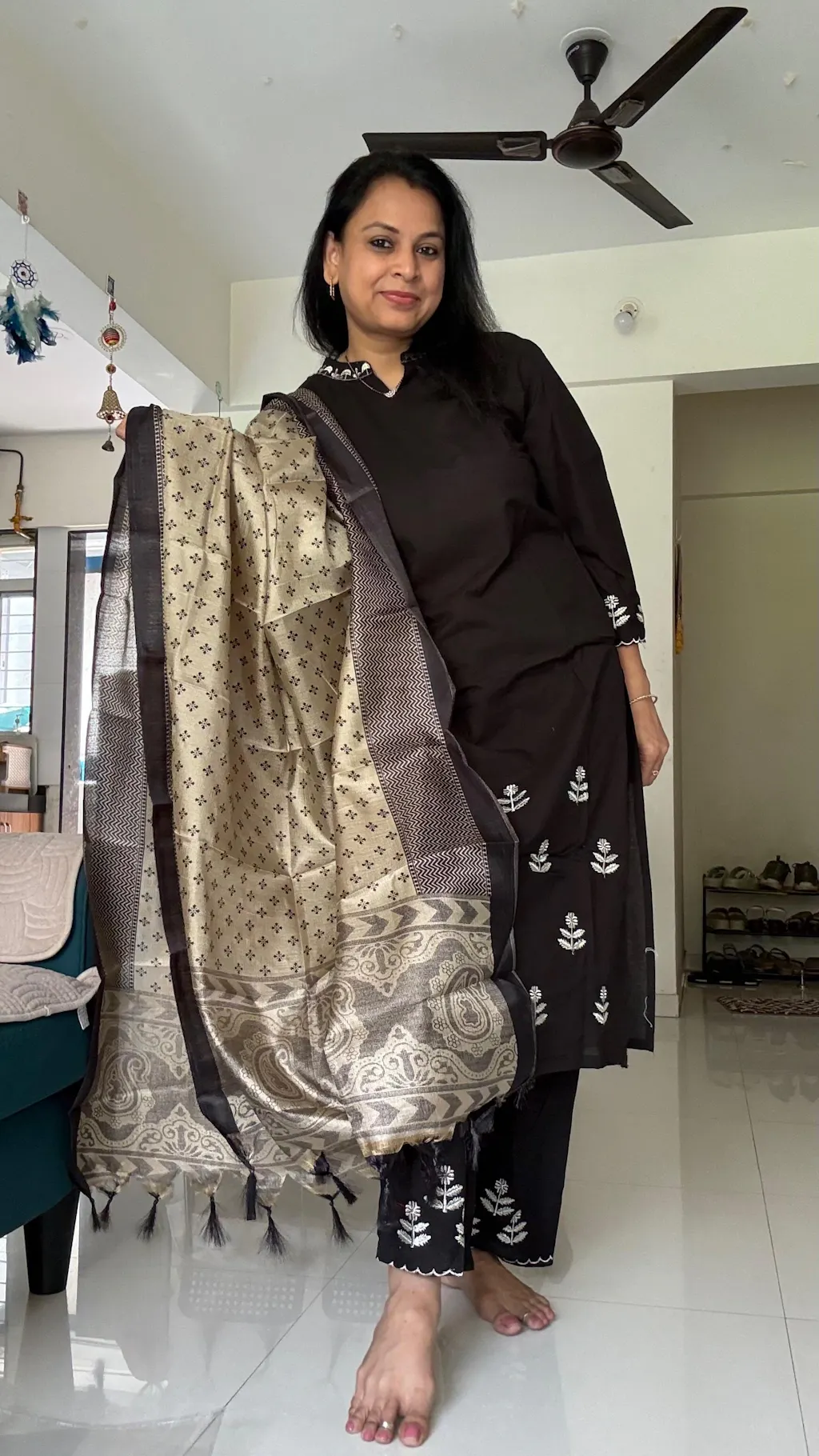 Black Embroidered Cotton Kurta and Pant Set with Dupatta