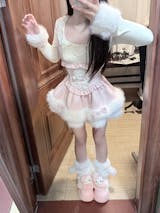 Creamy Cute Melo Rabbit Ears Cape Pink Blue Sweater Dress Three Piece Set