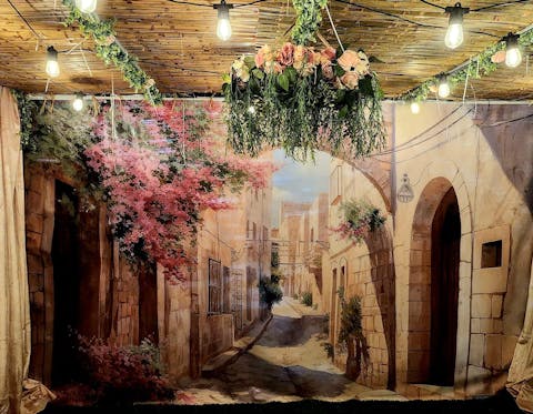 Pink Old City Watercolor Sukkah Mural