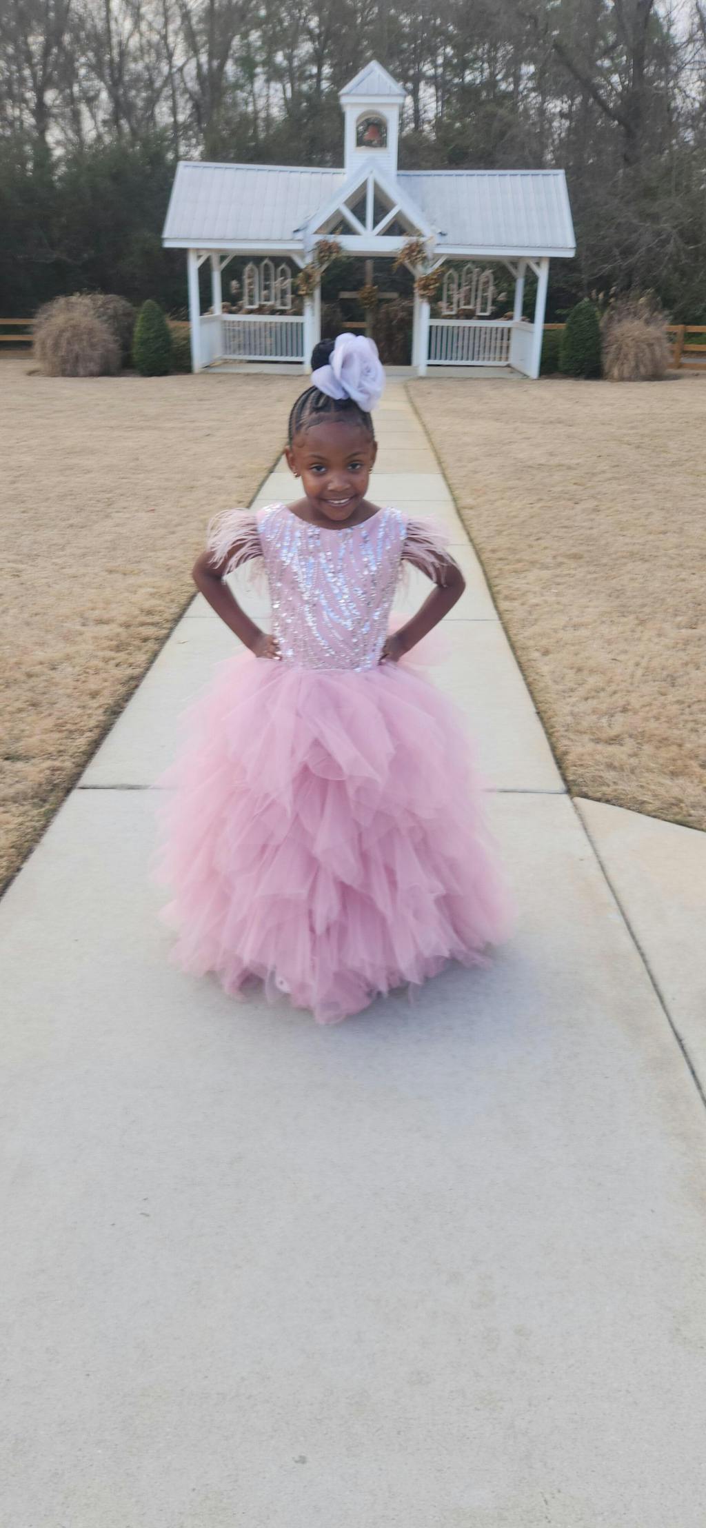 Sunnypetal Charming Pink Sequins Toddler Long Feather Pageant Birthday Tulle Flower Girl Dresses
