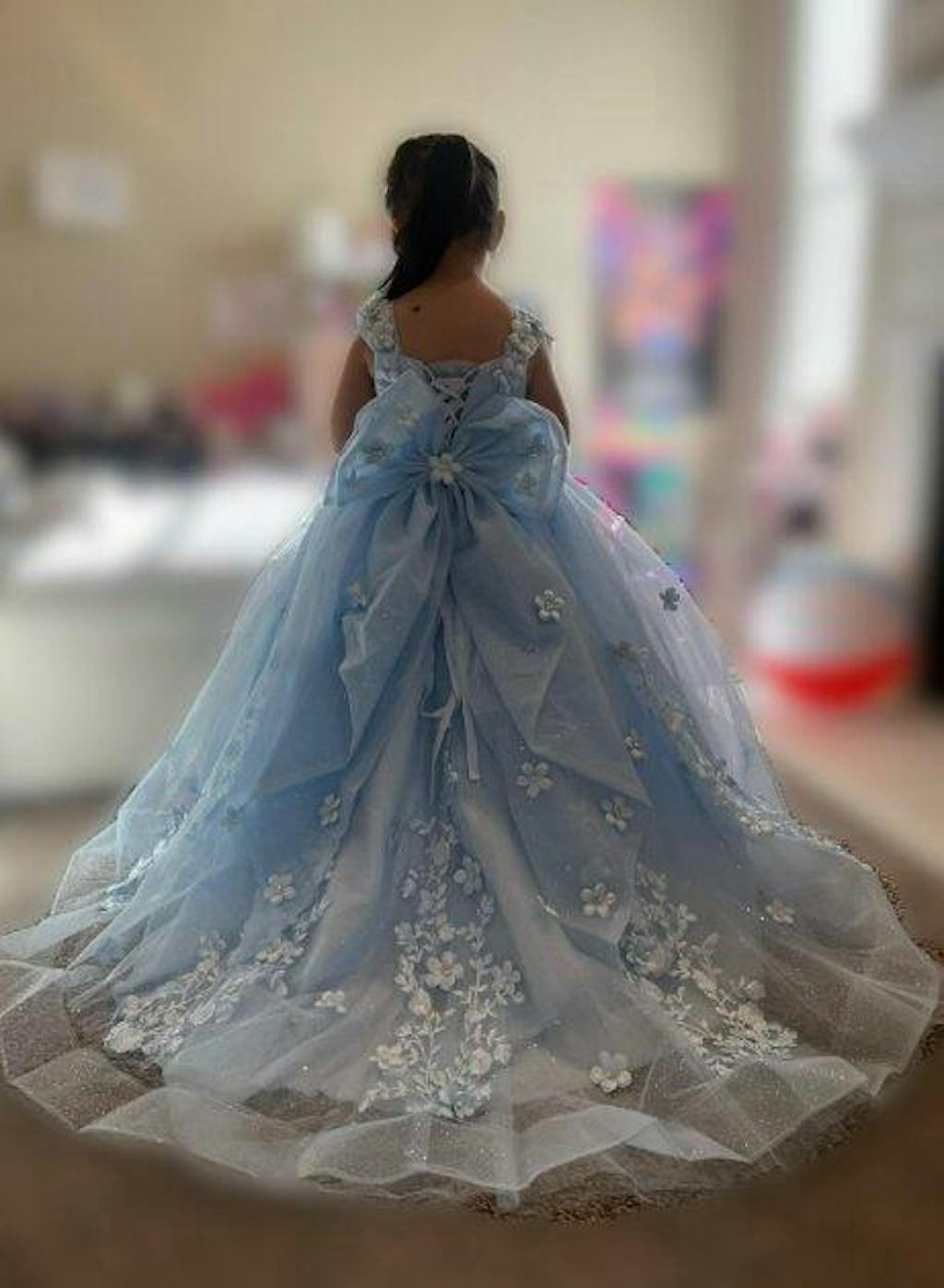 Sunnypetal Light Blue 3D Floral Appliqué Tulle Ball Gown Flower Girl Dress with Bow