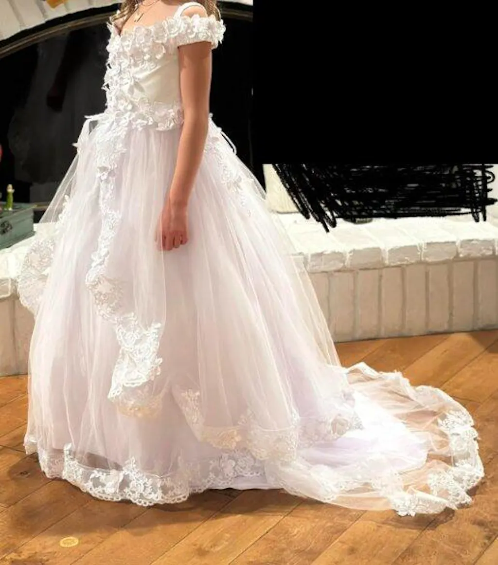 Sunnypetal Ball-Gown Tulle Lace Flower Girl Dress With Beading & 3D Floral Appliqués