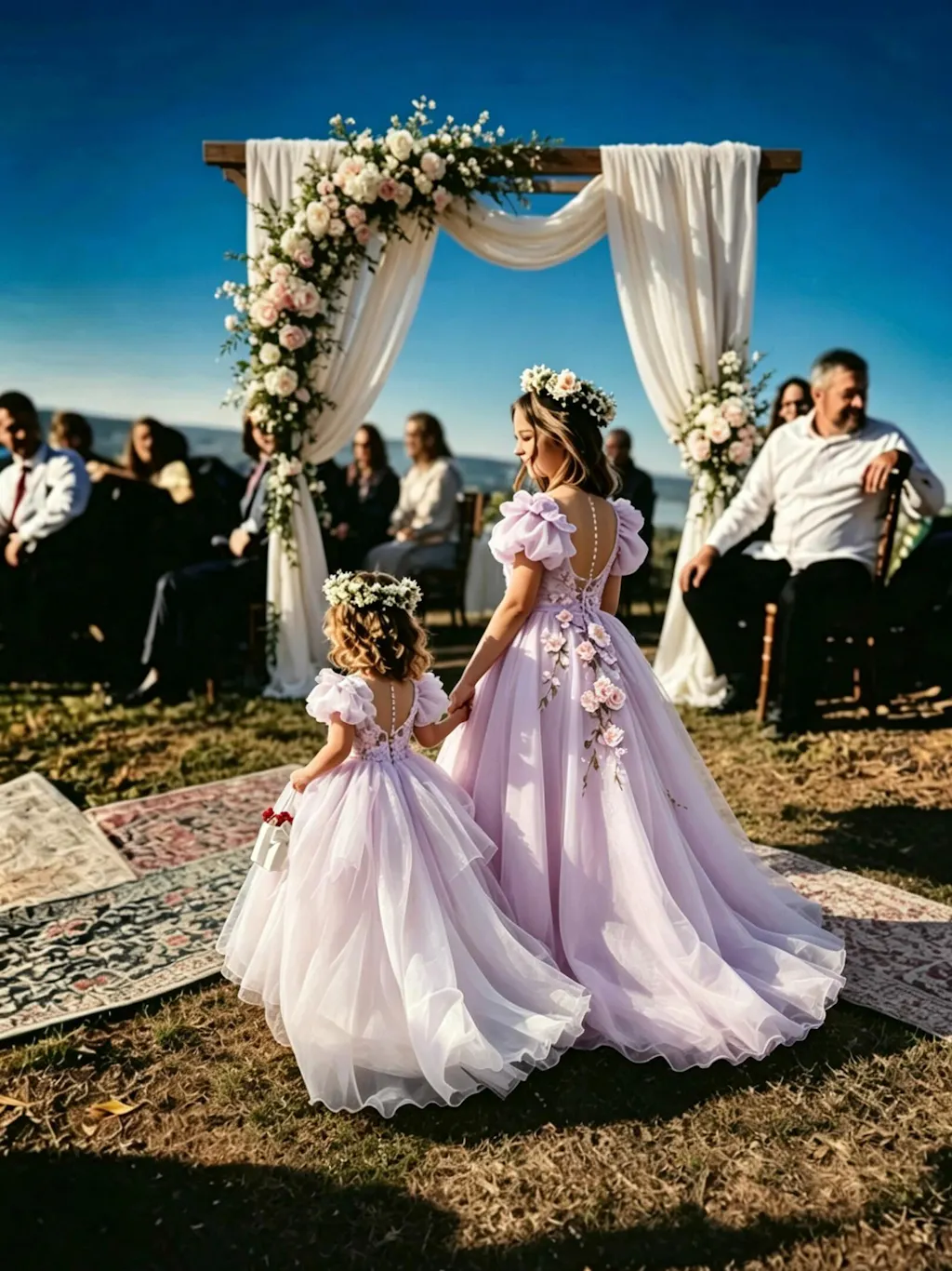 Sunnypetal Purple Chiffon Flower Girl Dress Bow Puffy Sleeves Lace Appliques Wedding Gowns