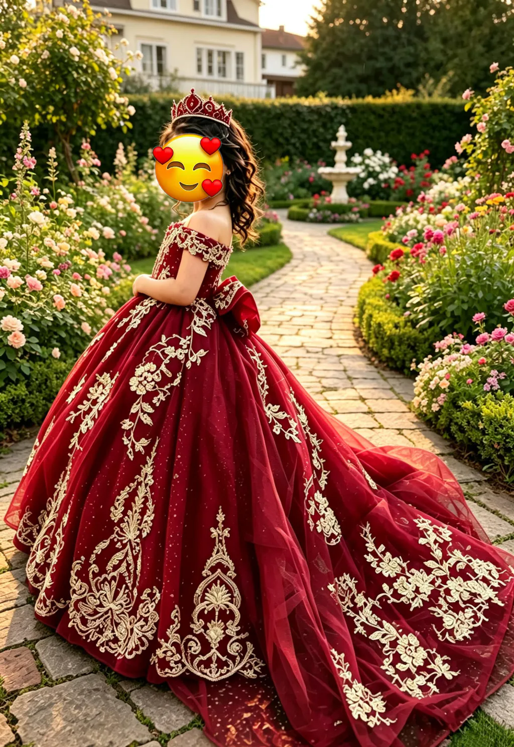 Sunnypetal Luxury Red Gold Embroidery Tulle Ball Gown Flower Girl Dress with Bow