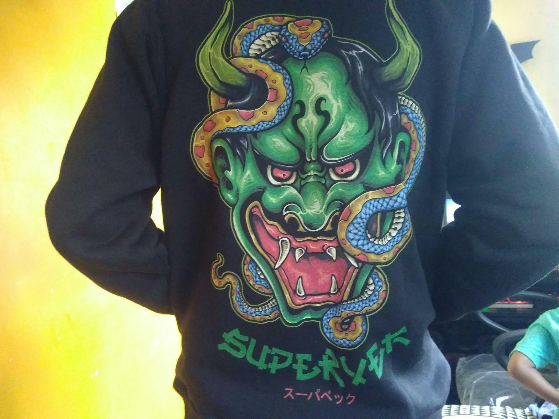 Supervek Oni Mask Black Unisex Printed Pullover Hoodie - Japanese Mask