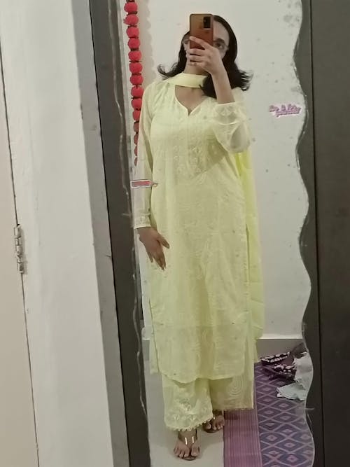 Viscose Georgette Chikankari Kurta With Palazzo And Dupatta