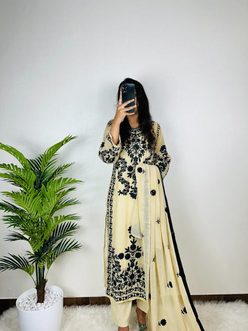 Cream Faux Georgette Embroidery Work Salwar Suit with Dupatta Set