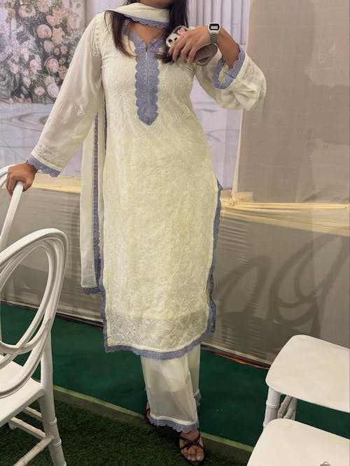 Cream Viscose Georgette Silk Chikankari Kurta With Palazzo And Dupatta Set