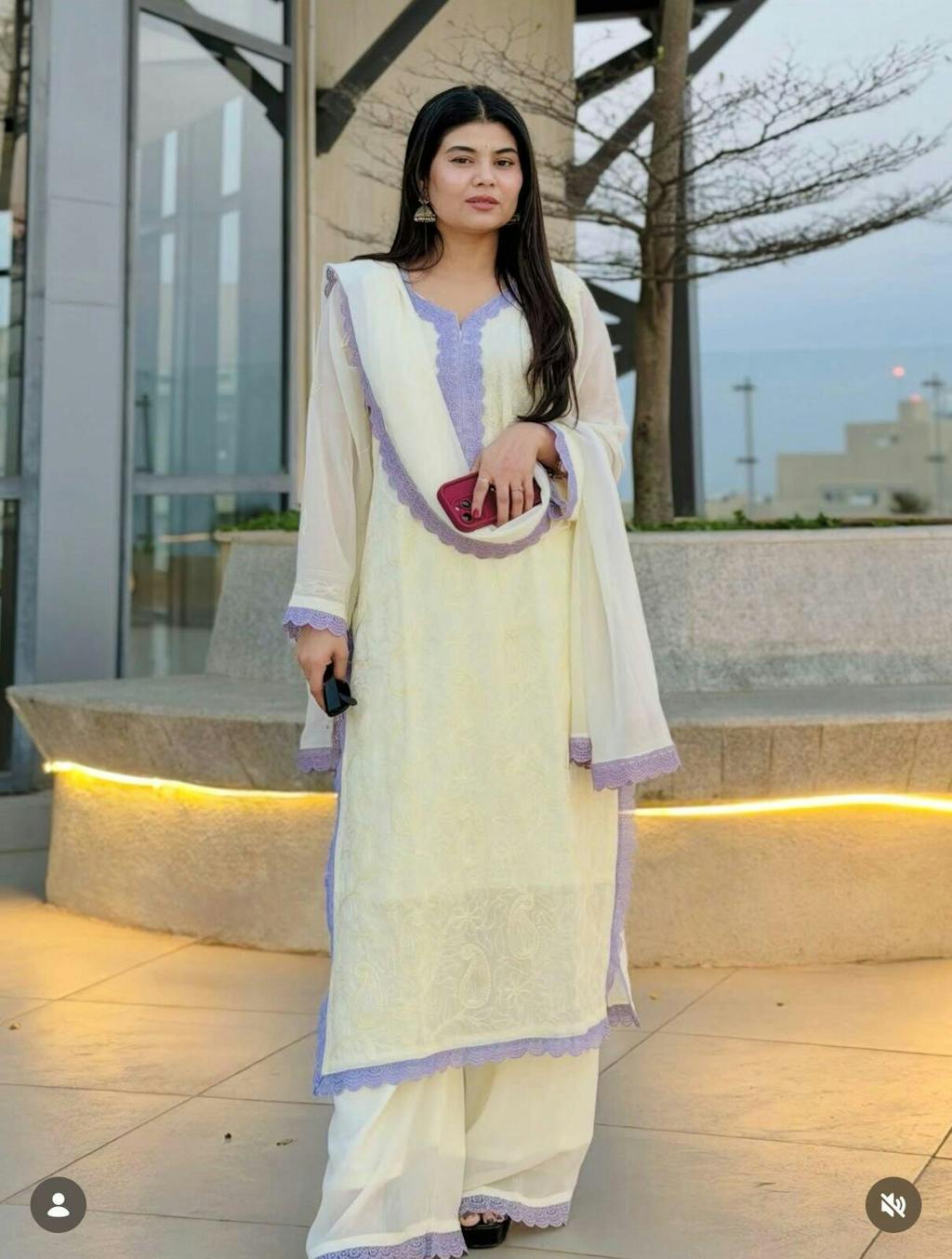 Cream Viscose Georgette Silk Chikankari Kurta With Palazzo And Dupatta Set