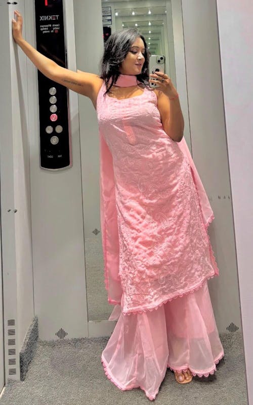 Strappy Viscose Georgette Chikankari Kurta Palazzo Dupatta Set