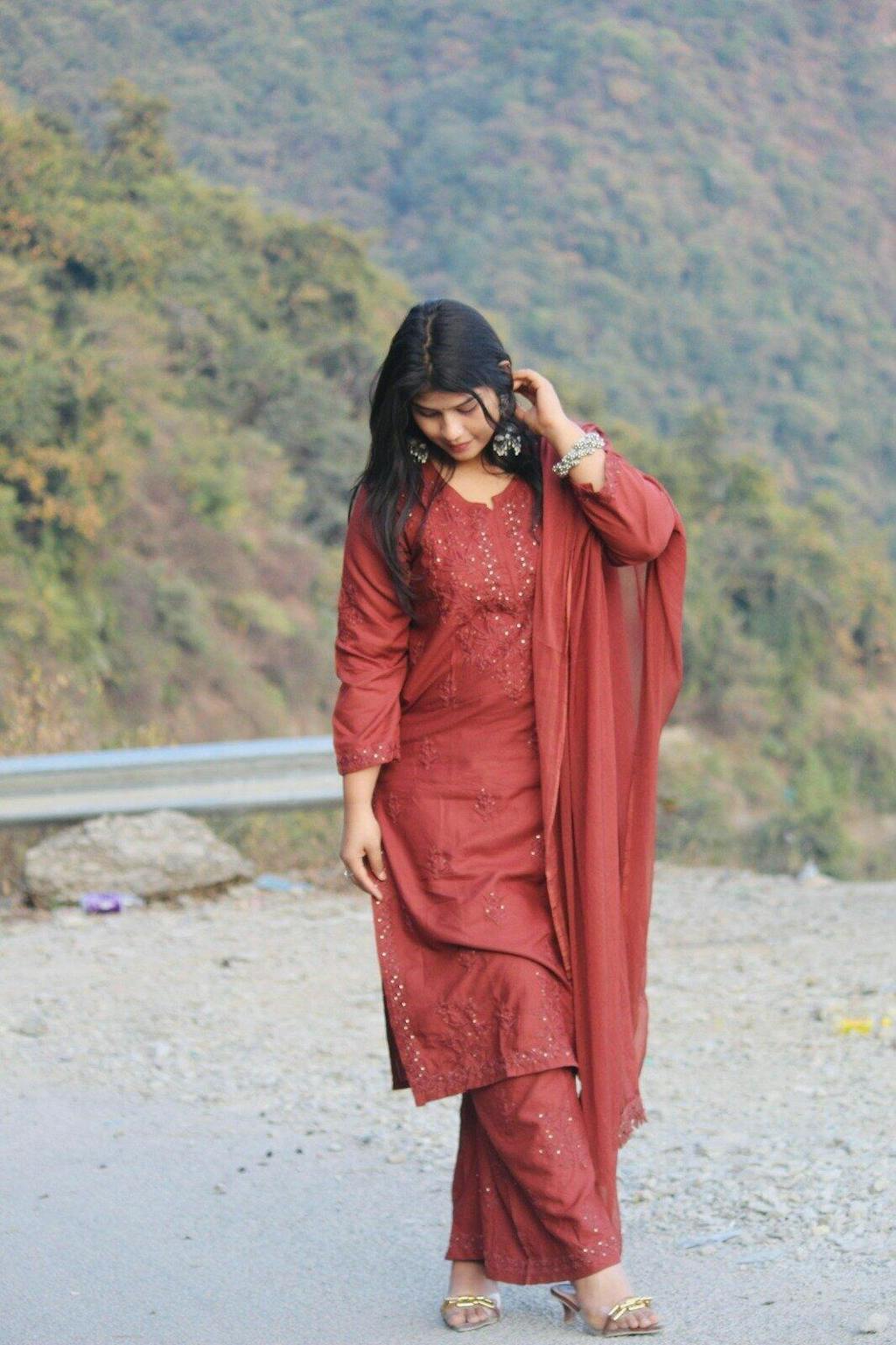 Rayon Cotton Chikankari Kurta with Palazzo & Chiffon Dupatta