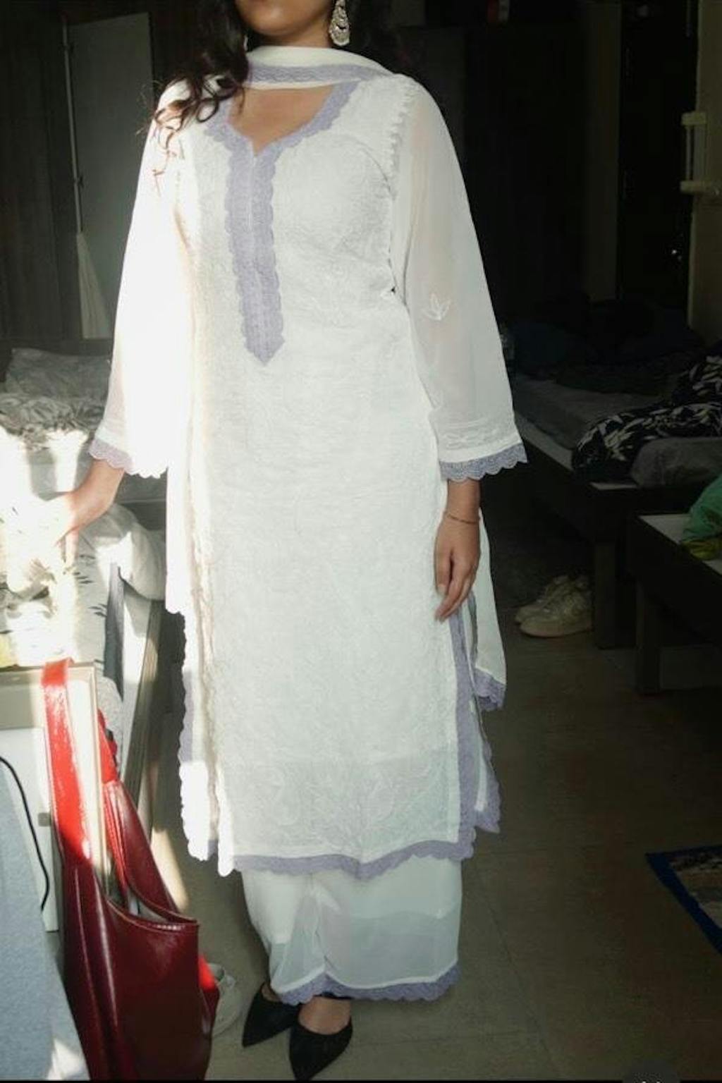 Women’s Georgette Chikankari Kurti Set with Palazzo & Dupatta