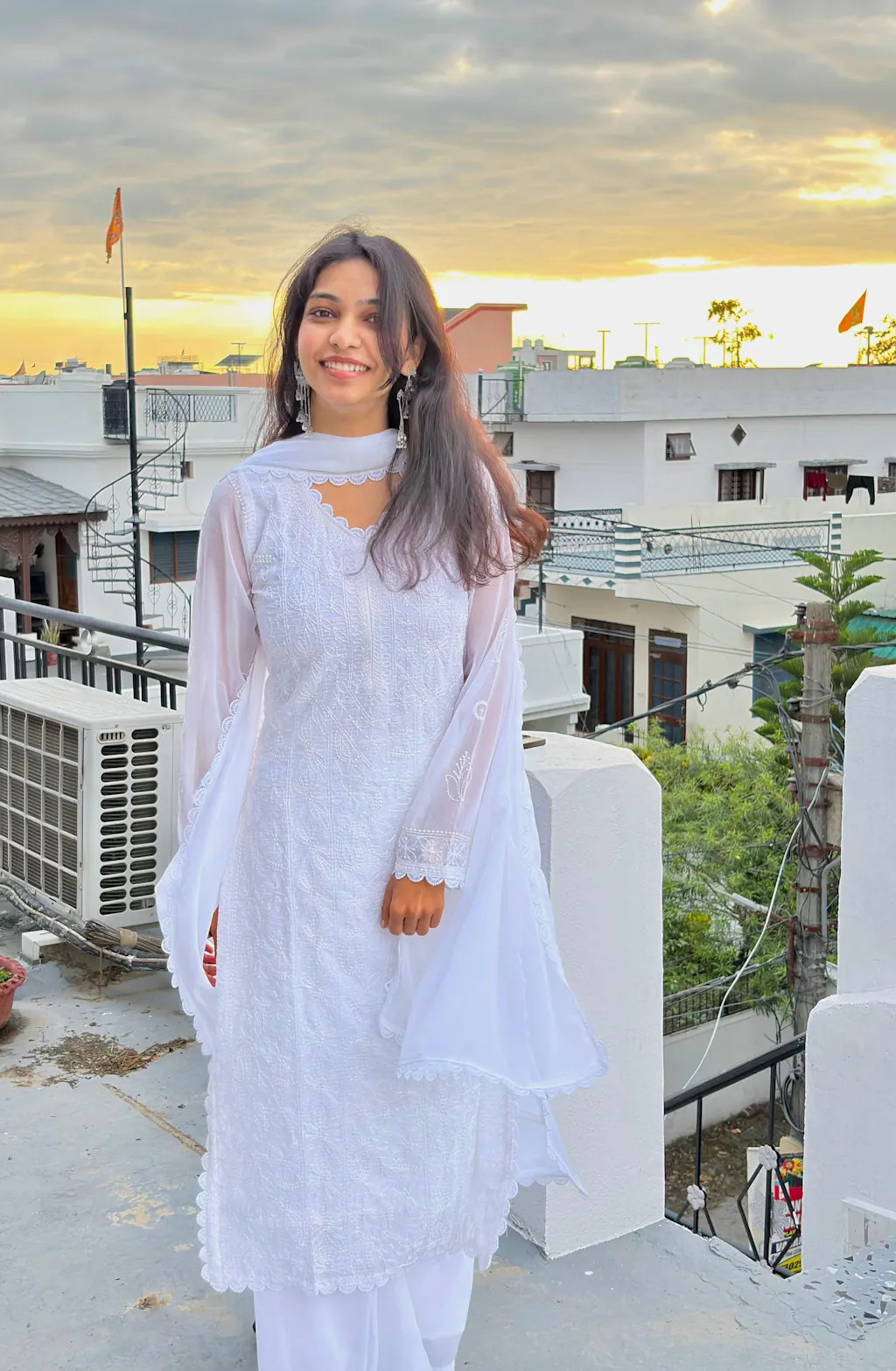 Viscose Georgette Chikankari Kurta With Palazzo And Dupatta