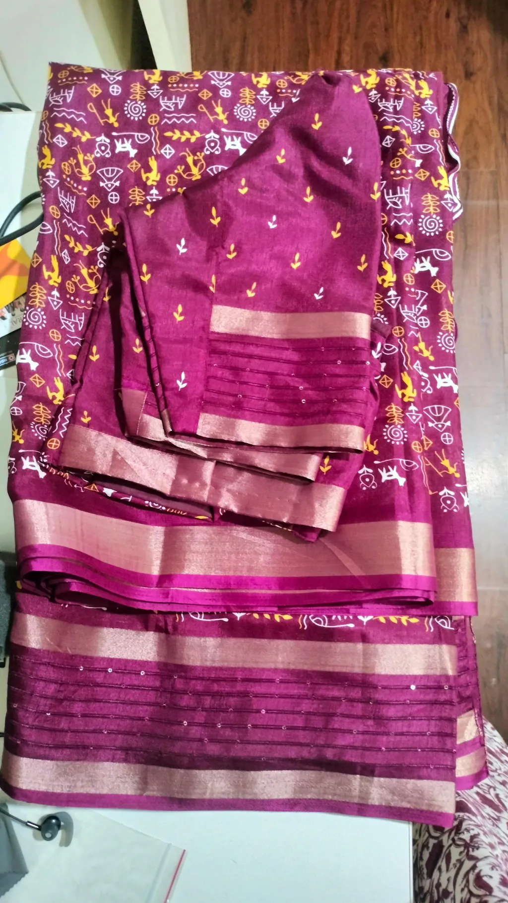 Soft Dola Silk Kalamkari Saree with Worli Print & Sequin Border ...