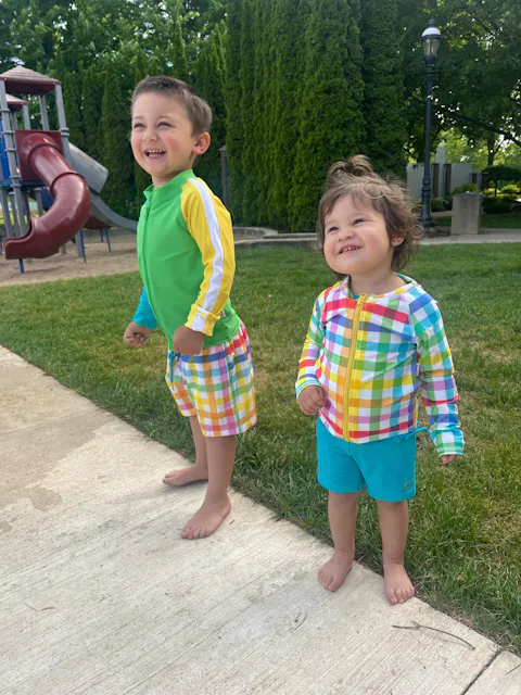 Boys Long Sleeve Zipper Rash Guard and Swim Trunk Set | "Picnic Party"