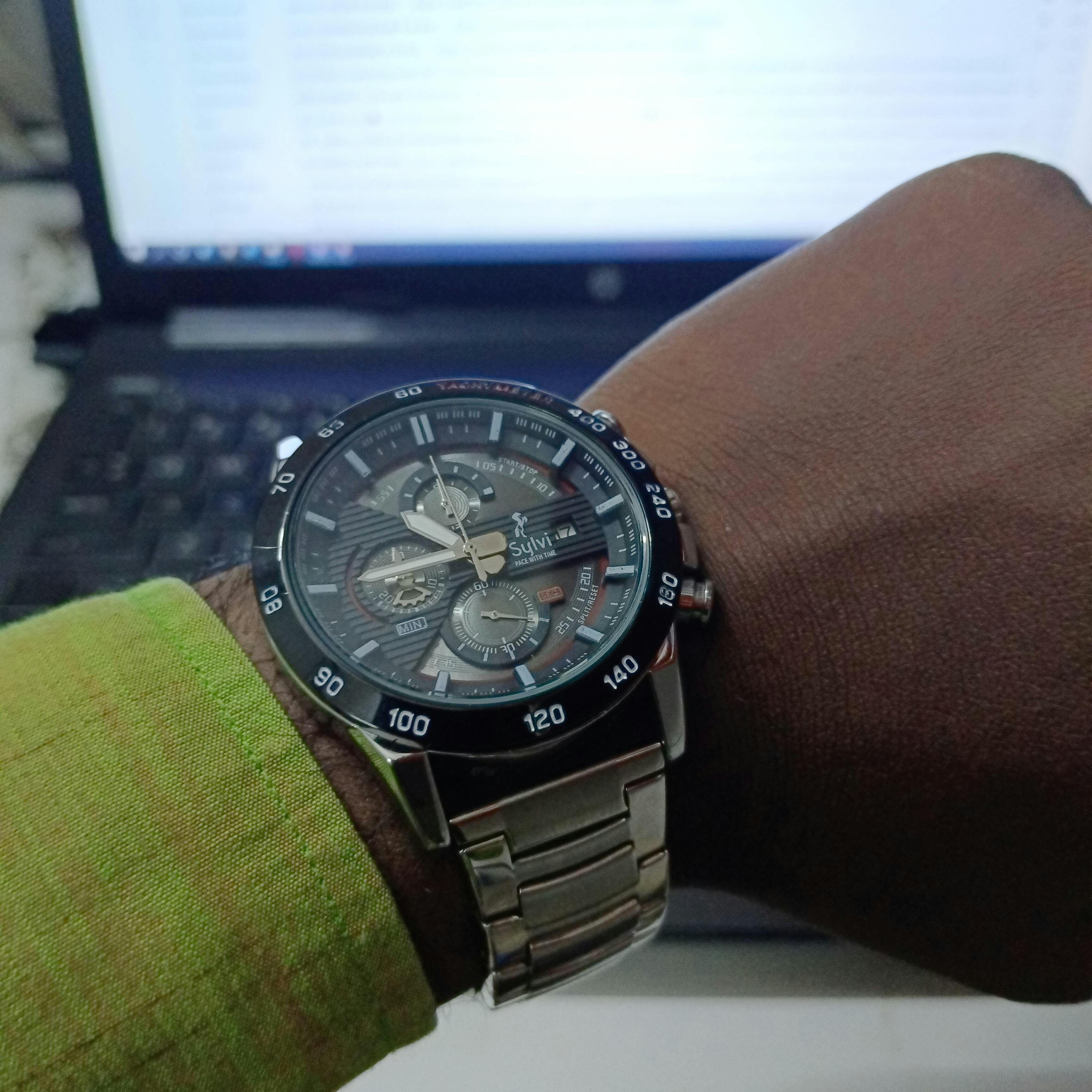 Sylvi Analog Chronograph Black Dial Steel Belt Watch for Men