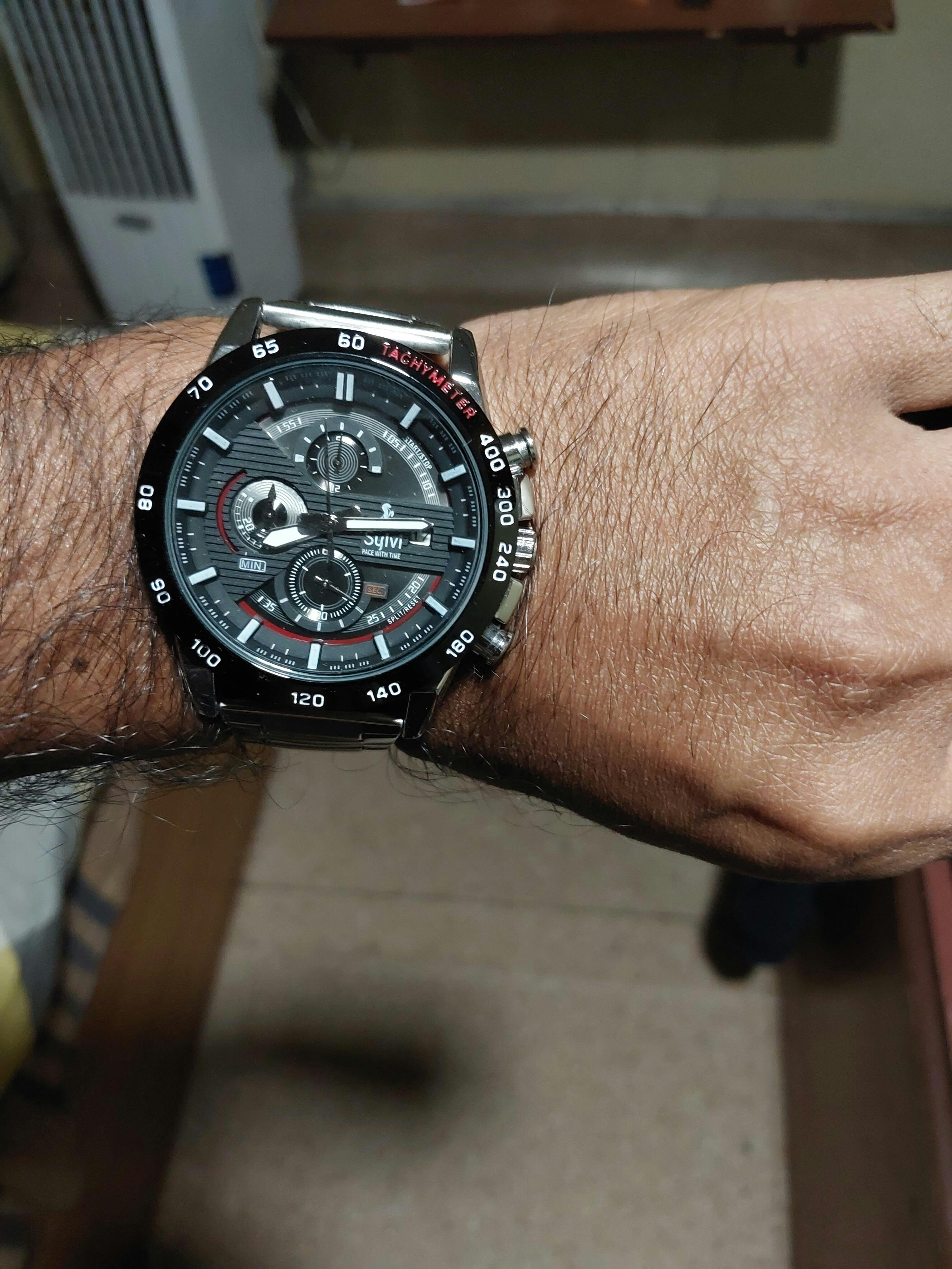 Sylvi Analog Chronograph Black Dial Steel Belt Watch for Men