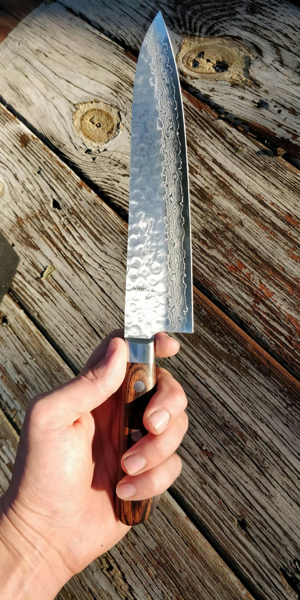 Syosaku Japanese Petty Best Sharp Kitchen Chef Knife Hammered Damascus VG-10 46 Layer Octagonal Magnolia Wood Handle, 6-Inch (150mm)