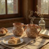 Hand Painted Mexican Talavera Brown and White Cantarito with Handle Coffee Mug (Cielito Lindo Inspired) – Set of 2