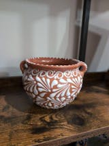 Hand Painted Talavera Planter Pot with Handles, Brown & White Cielito Lindo, Tabletop Small