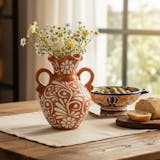 Hand Painted Mexican Talavera Scalloped Rim Vase, Light Brown & White Signature Floral