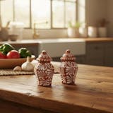 Hand Painted Talavera Apothecary-Style Salt and Pepper Shaker Set, Brown & White