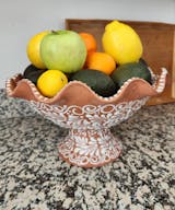 Hand Painted Mexican Talavera Scalloped Rim Fruit Bowl, Brown and White Flower Cielito Lindo