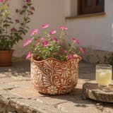 Handpainted Mexican Talavera Scalloped Rim Planter Pot, Tabletop Large, Brown & White Signature Floral