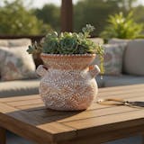 Handpainted Talavera Rustic Planter Pot with Handles, Light Brown & White
