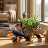 Hand Painted Mexican Talavera Charging Bull Planter Pot, Cobalt Multicolor