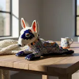 Hand Painted Mexican Talavera Bull Terrier Folkart Figure, White & Cobalt Blue