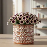 Hand Painted Talavera Tabletop Cylinder Planter Pot, Brown & White Cielito Lindo