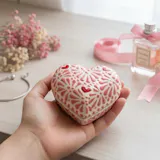 Hand Painted Mexican Talavera Heart Jewelry Trinket Box, Ivory and Pink, Red Hearts