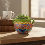Hand Painted Mexican Talavera Planter Pot with Handles, Tabletop Small, Lime Multicolor