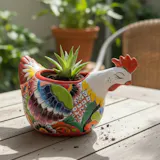 Hand Painted Mexican Talavera Sleeping Chicken Rooster Planter Pot, White (Varying Design)