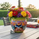 Hand Painted Mexican Talavera Planter Pot with Handles, Tabletop Large, Lime Multicolor