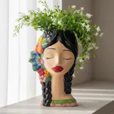 Hand Painted Mexican Talavera Folkart Woman Planter, Braids Floral, Dark Brown Hair (Varying Design)