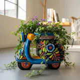 Hand Painted Mexican Talavera Vintage Scooter Planter Pot, Turquoise Rim