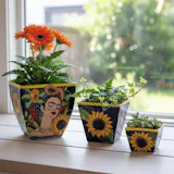 Hand Painted Mexican Talavera Frida Kahlo-Inspired Square Planter, Monarch Butterflies & Sunflowers (Varying Sizes)
