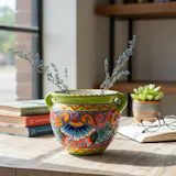 Hand Painted Mexican Talavera Planter Pot with Handles, Tabletop Medium, Lime Multicolor