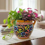 Hand Painted Mexican Talavera Planter Pot with Handles, Tabletop Large, Golden Yellow & Black Multicolor